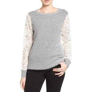 Halogen Pullover Sweater M Petite Floral Lace Sleeve Boho Coquette Whimsy Preppy